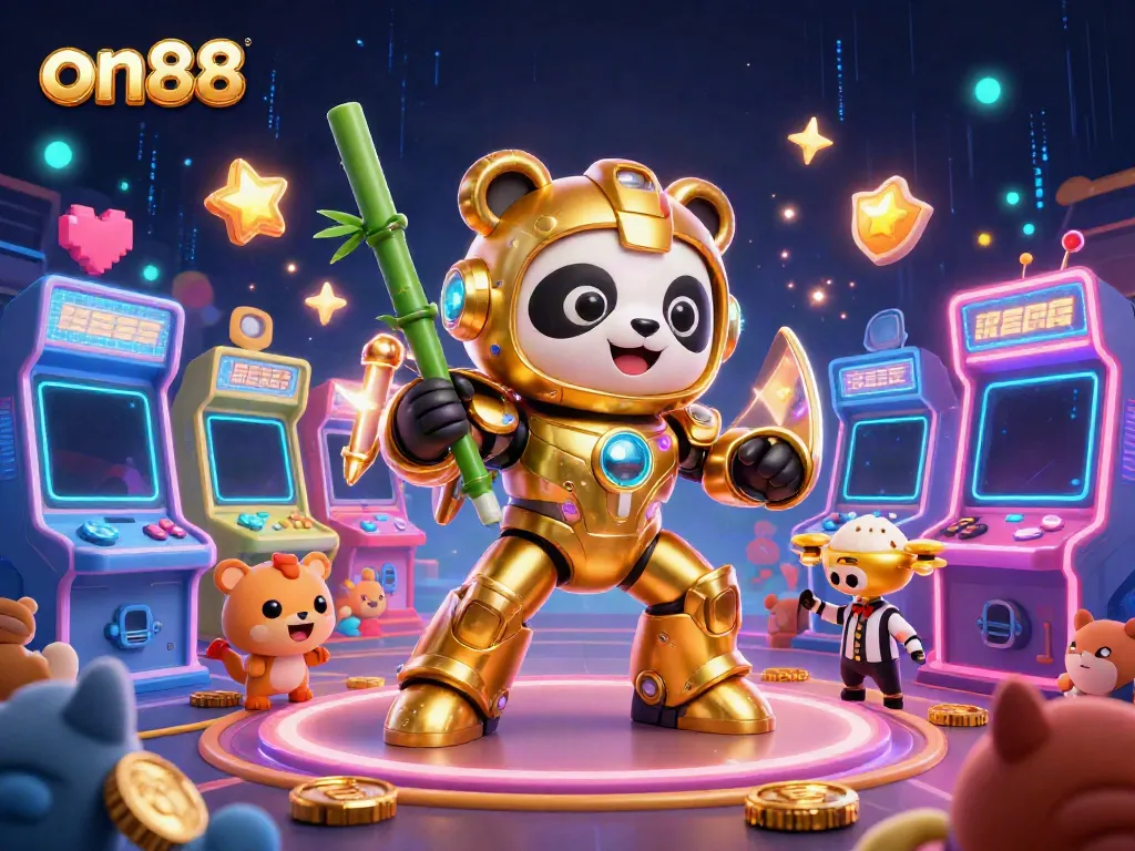Engage in exhilarating games at on88 with a colorful 3D casino scene featuring a golden panda in a mech-suit.