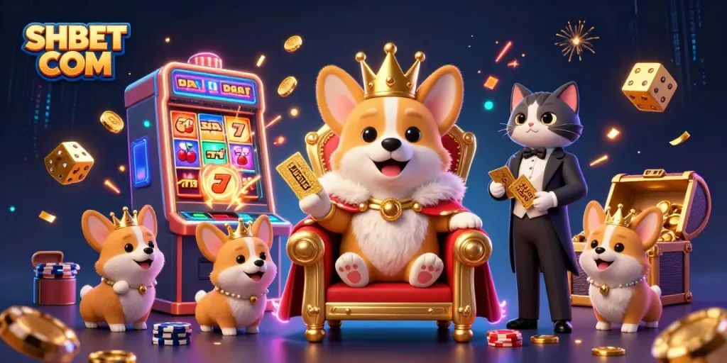 Win big at SHBET COM with our captivating 3D casino illustration featuring a royal corgi and exciting game elements.
