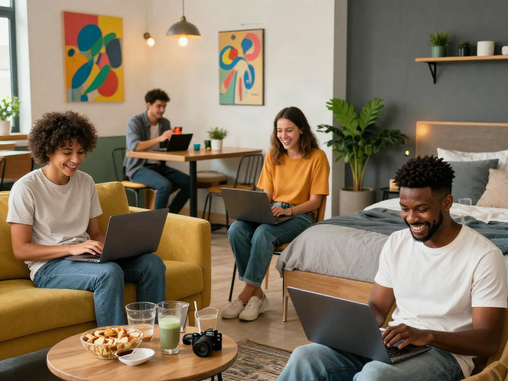Engaging nsfw chat scene featuring diverse individuals in cozy settings using smartphones and laptops, capturing lively online communication.