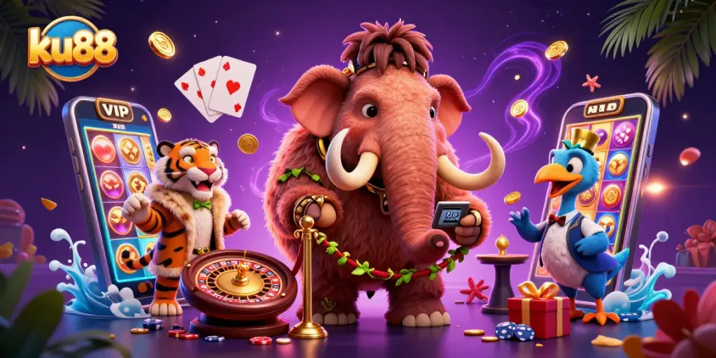 Experience the lively atmosphere of ku88 casino with vibrant characters and game elements in a rich 3D illustration.