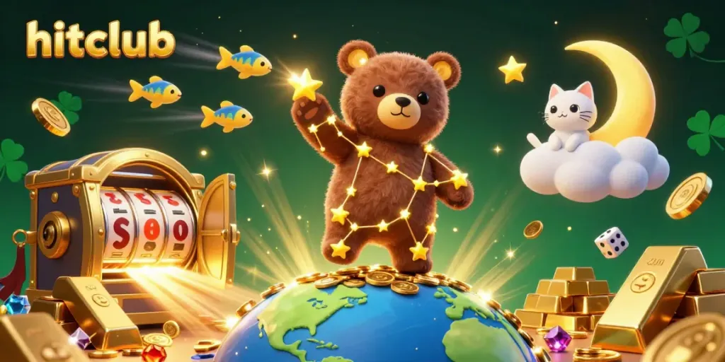Experience thrilling adventures with hitclub as golden stars and slot reels dance in a vibrant 3D casino.