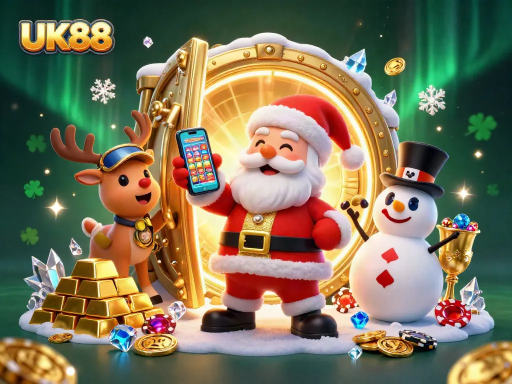 Spin the jackpot reels with UK88's vibrant gaming scene filled with festive characters and treasures.