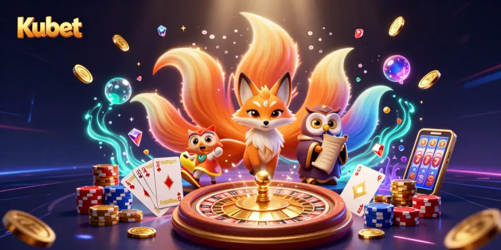 Kubet engages players with a vibrant 3D illustration showcasing winning casino excitement, featuring dynamic characters and iconic game elements.