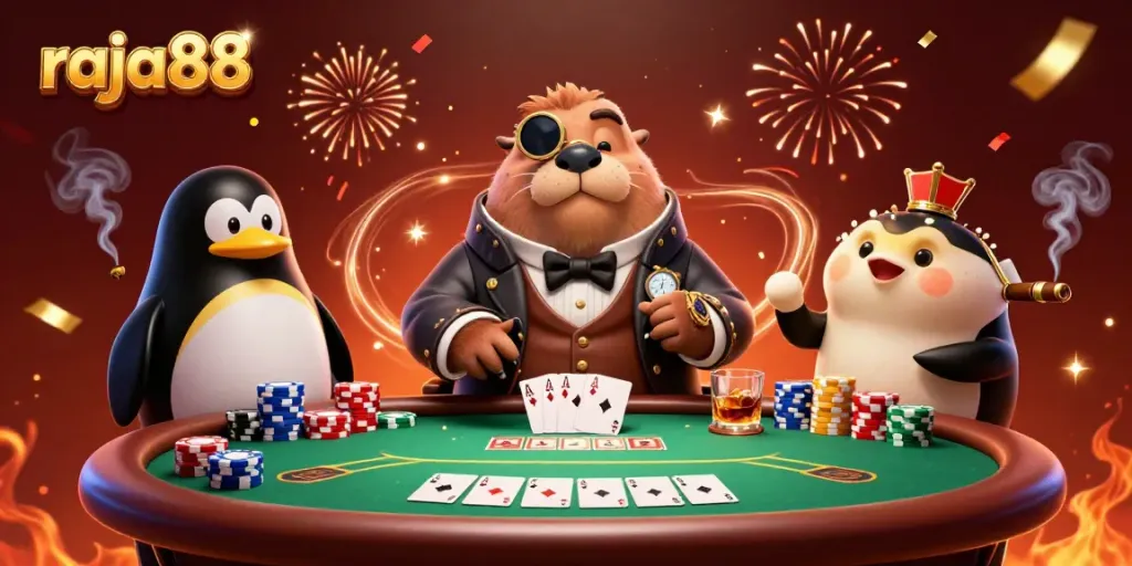 Engage in thrilling poker with a jolly walrus and friends at raja88's underwater casino.
