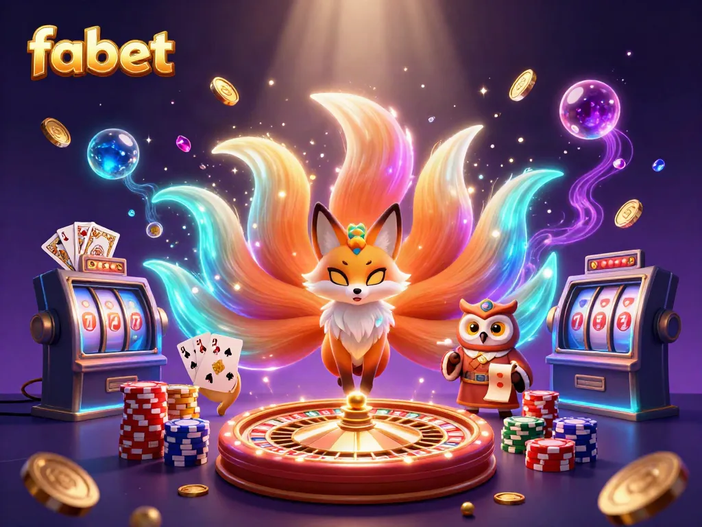 Experience the thrill of fabet with a vibrant 3D casino scene featuring an enchanted fox and owl amongst glowing gems and coins.
