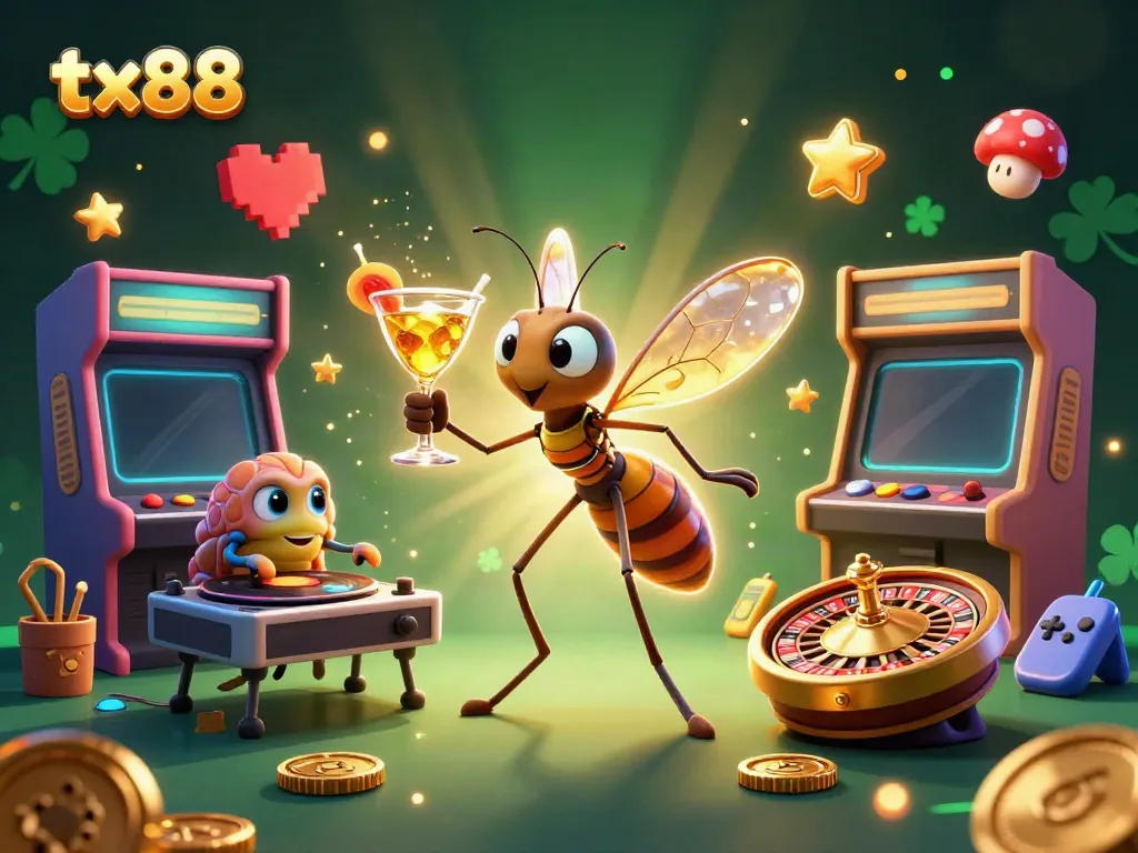 Engage in thrilling gaming action at tx88 with a vibrant casino scene featuring unique characters.