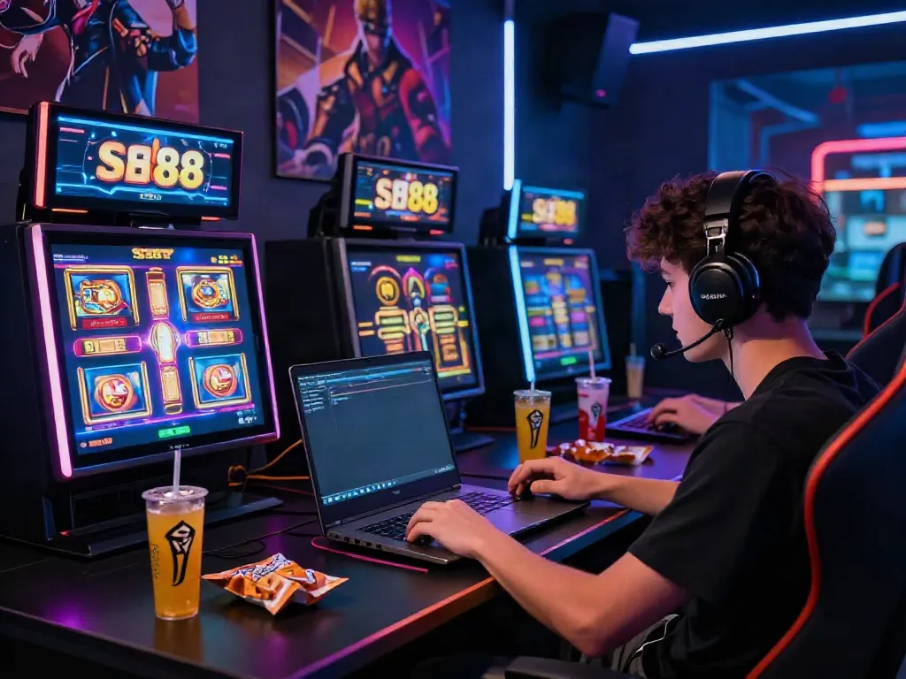 Player enjoying a thrilling slot88 game on a laptop, surrounded by gaming gear, snacks, and a vibrant atmosphere.