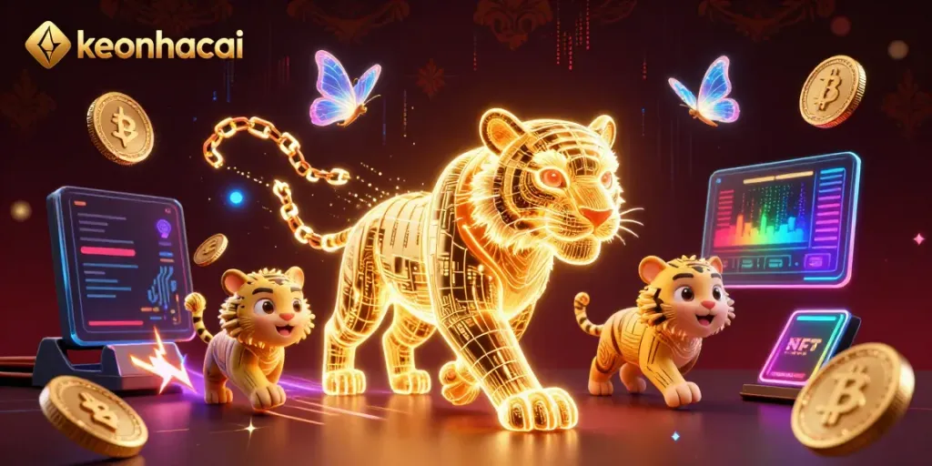 Enjoy the vibrant energy of keonhacai, a digital casino experience with a neon tiger and holographic elements.
