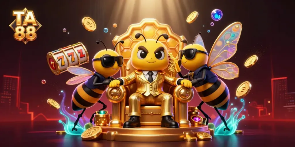 Engaging TA 88 scene with a cartoon mob boss and wasp bodyguards in a vibrant casino setting.