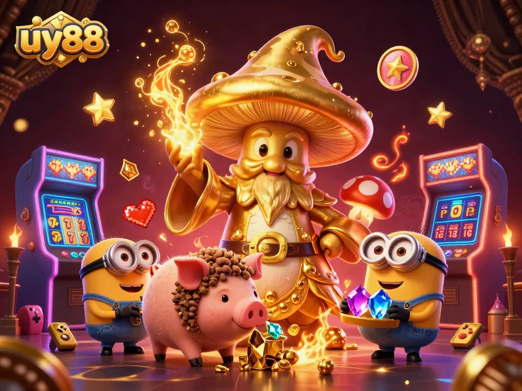 Experience uy88's thrilling magic with a golden wizard and treasures in this immersive casino scene.