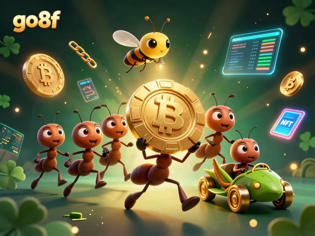Go8f heist scene with ants, a grasshopper driver, and glowing digital coins in a vibrant casino.