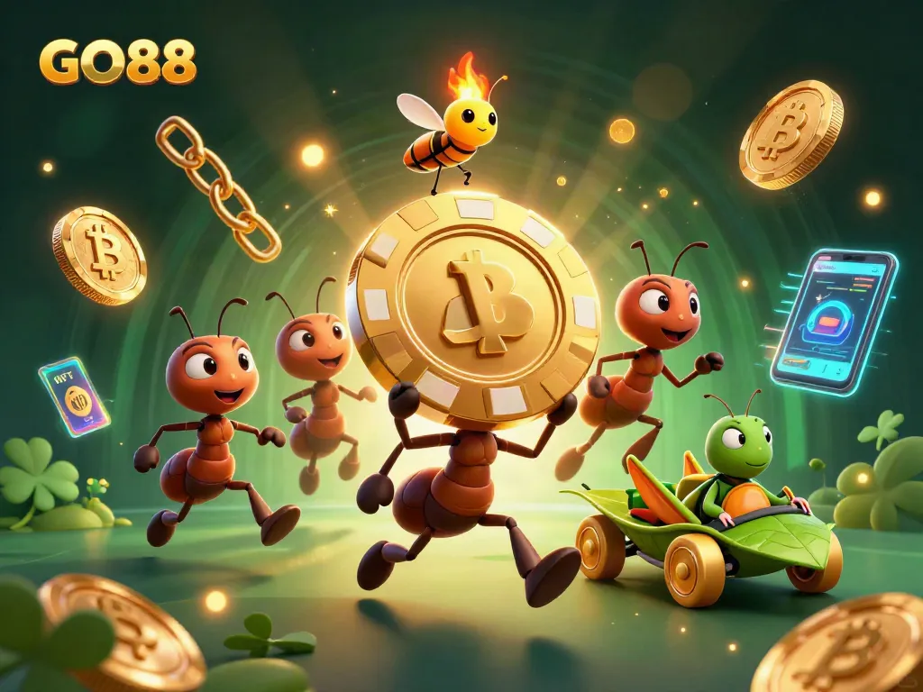 Engage with GO88's thrilling casino heist featuring ants and crypto elements in a vibrant scene.