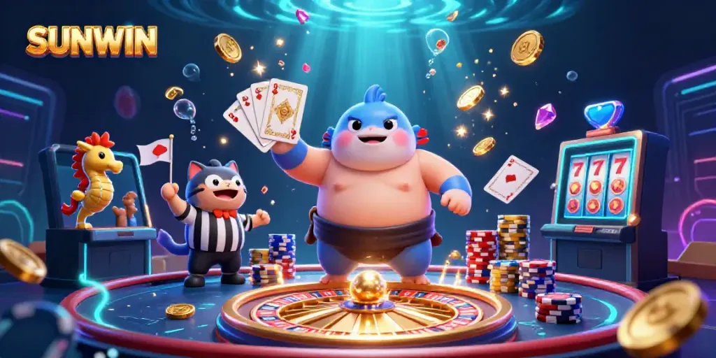 SUNWIN showcases an exciting underwater casino experience with vibrant characters, coins, and gems in an animated illustration.