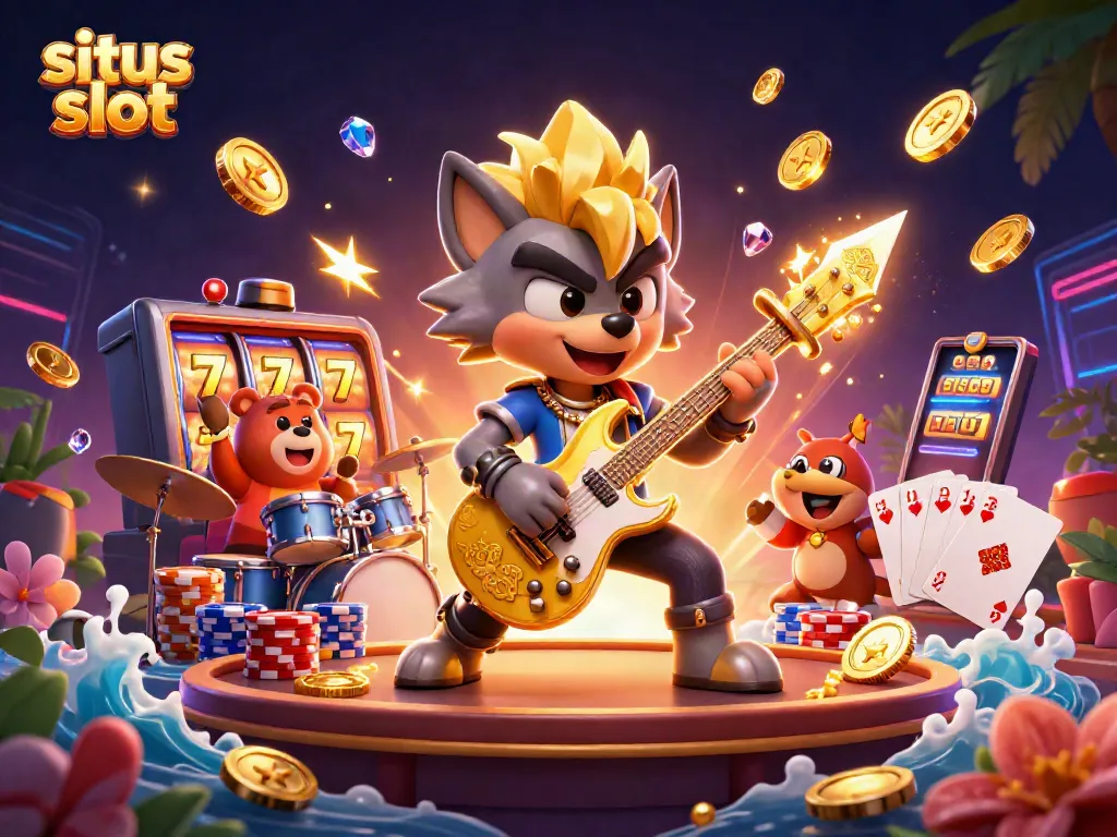 Sparkling slots come alive with the energetic rock star wolf shredding on stage in this vibrant situs slot artwork.
