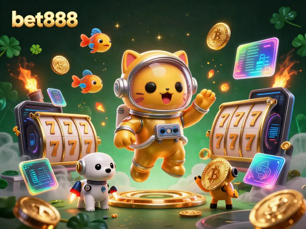 Engage in thrilling adventures with bet888 in this vibrant 3D casino illustration featuring a cat astronaut.