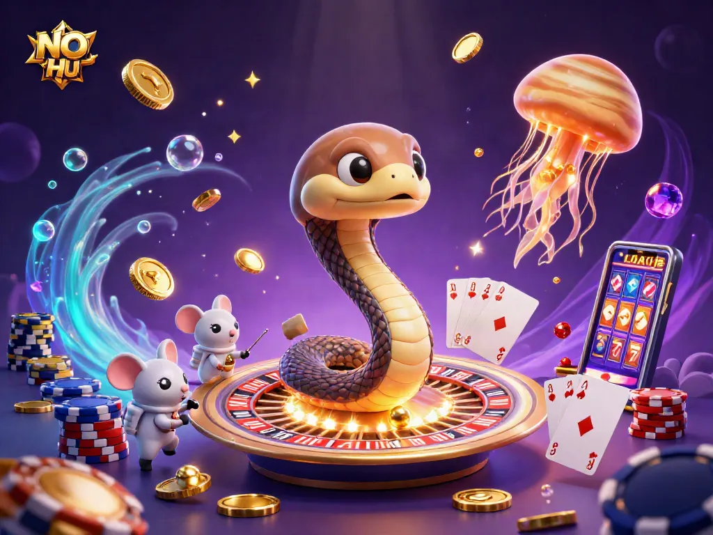 Engaging NO HU themed 3D casino scene featuring a snake roulette wheel and astronaut mice.
