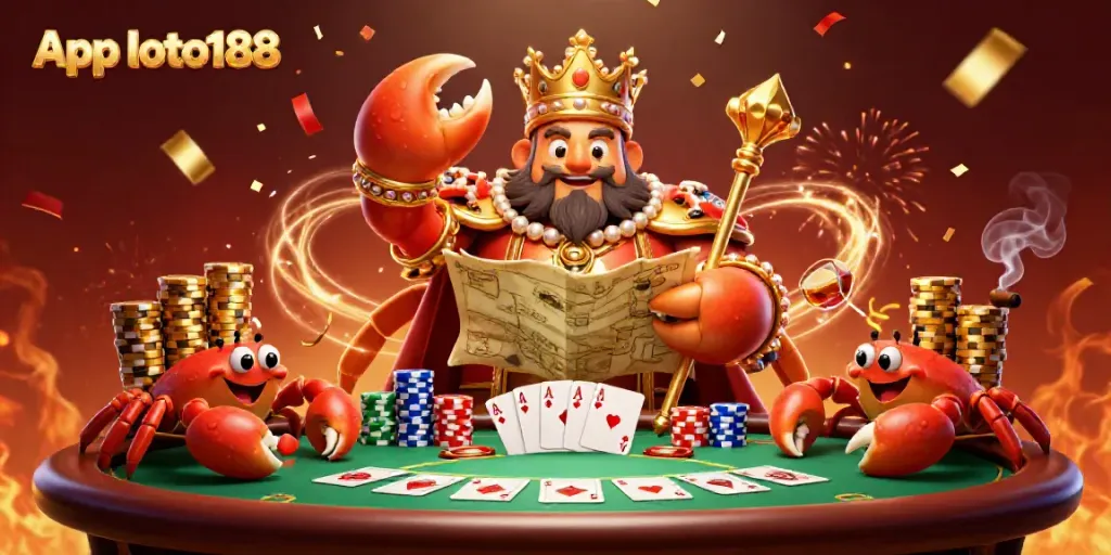 Immerse in the App loto188 experience with a golden crab emperor surrounded by dynamic gambling elements.
