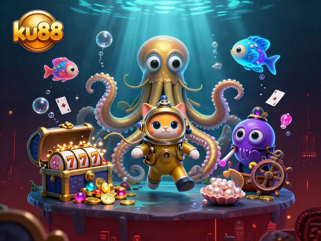 Engage with the exciting world of ku88 casino games featuring a playful kraken and vintage diving cat.