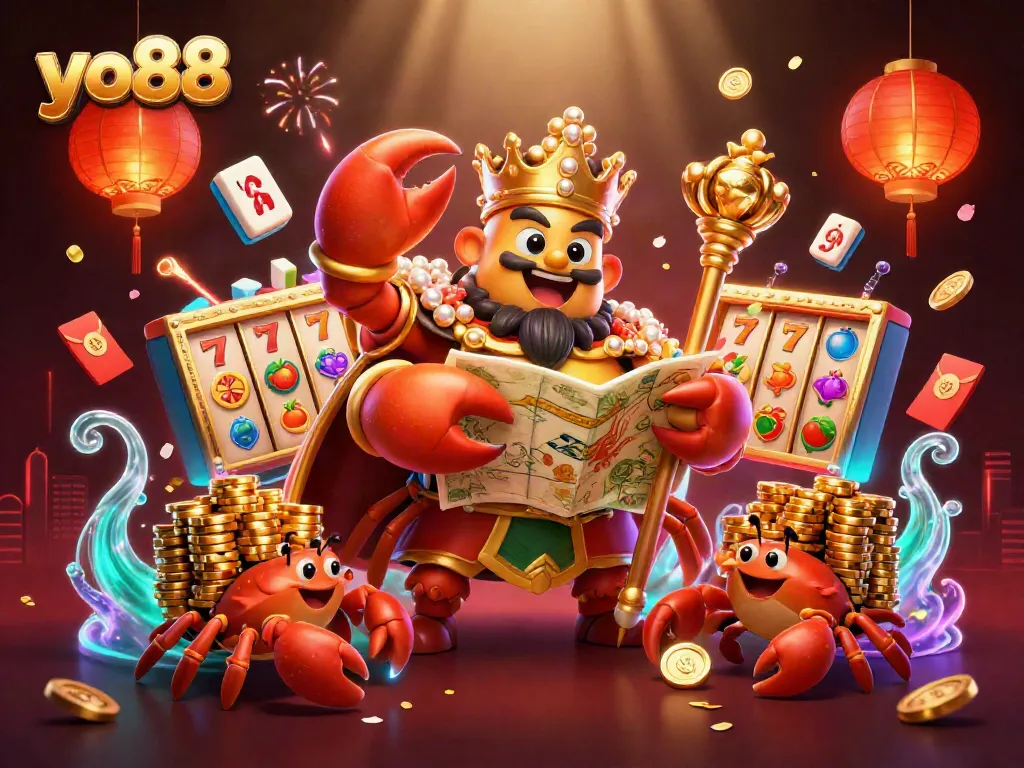 yo88 players engage with a dynamic 3D scene featuring a golden crab emperor amidst casino excitement