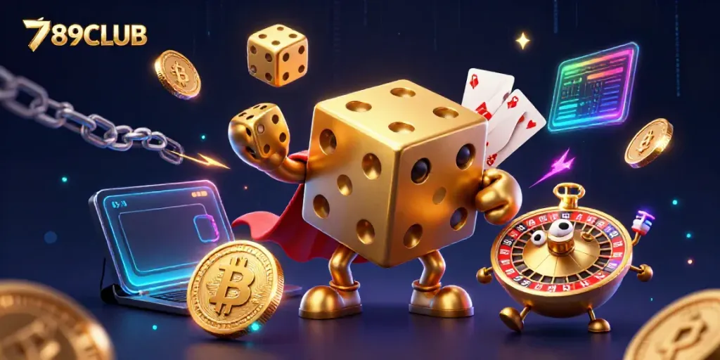 Engage with 789CLUB through colorful 3D illustration of gold dice and neon crypto elements.