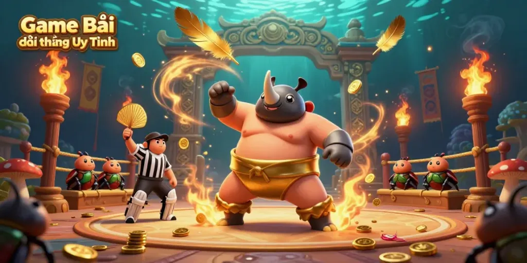 Experience the excitement of Game Bài Đổi Thưởng Uy Tín as our champion beetle stomps golden coins in the arena.