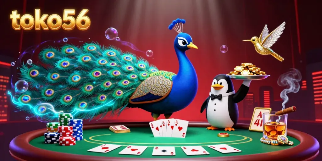 Toko56 players competing at a vibrant poker table, surrounded by animated characters and colorful chips.