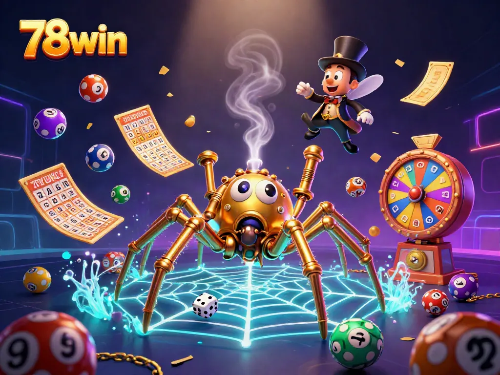 Play and win with 78win in this vibrant 3D casino scene featuring dynamic lottery elements.