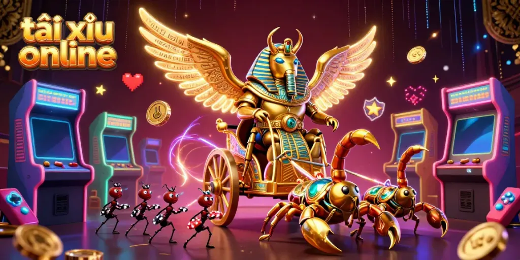 Engage in thrilling tài xỉu online action featuring a golden scarab in pharaoh armor, vibrant game elements surrounding it.