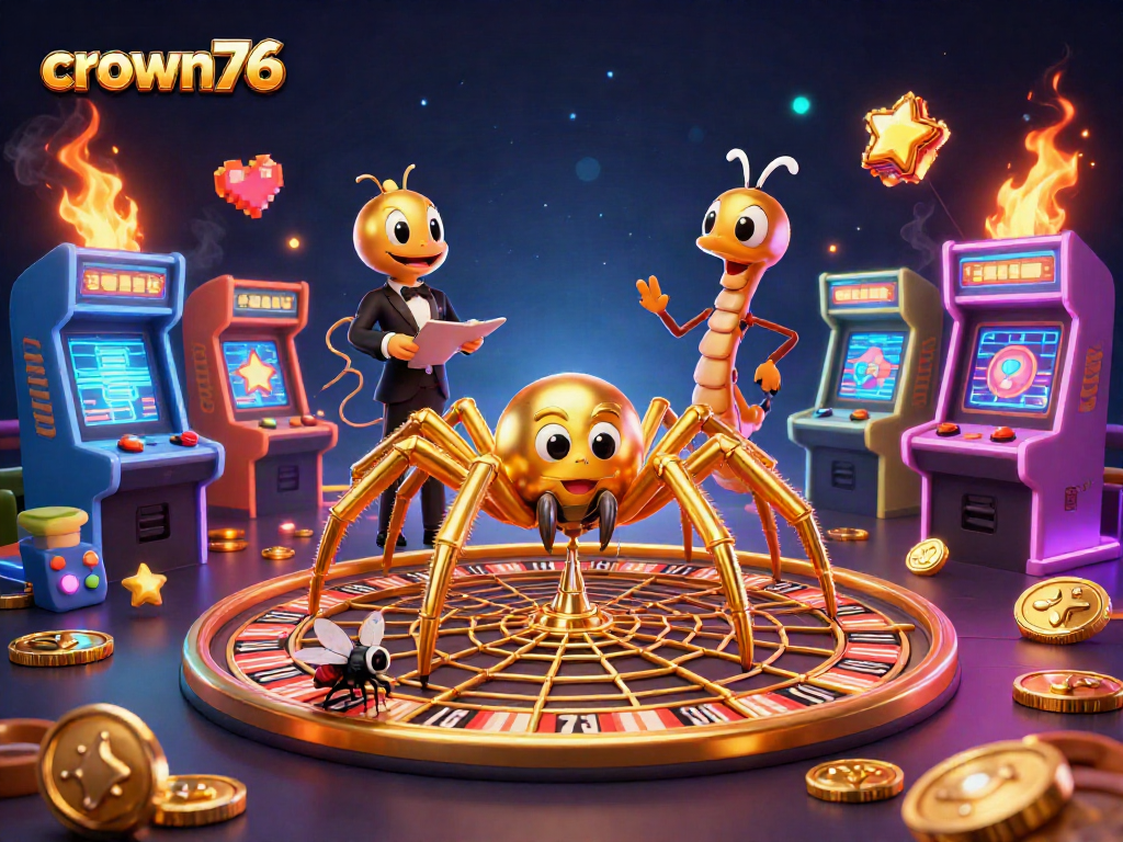 Crown76 invites players to bet at a roulette-themed golden web with animated characters and vibrant game elements.