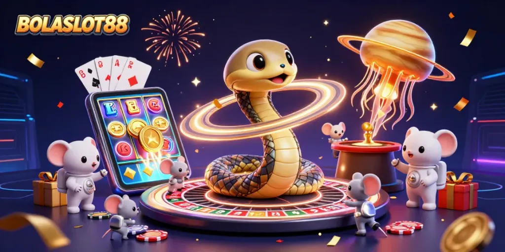 BOLASLOT88 showcases an exciting cosmic casino scene with astronauts betting on a roulette wheel.