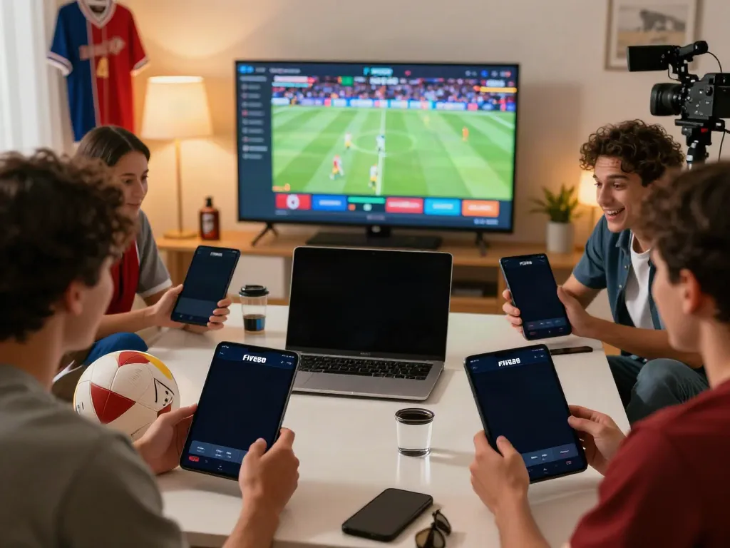 Group enjoying the FIVE88 app for online betting during a sports event.