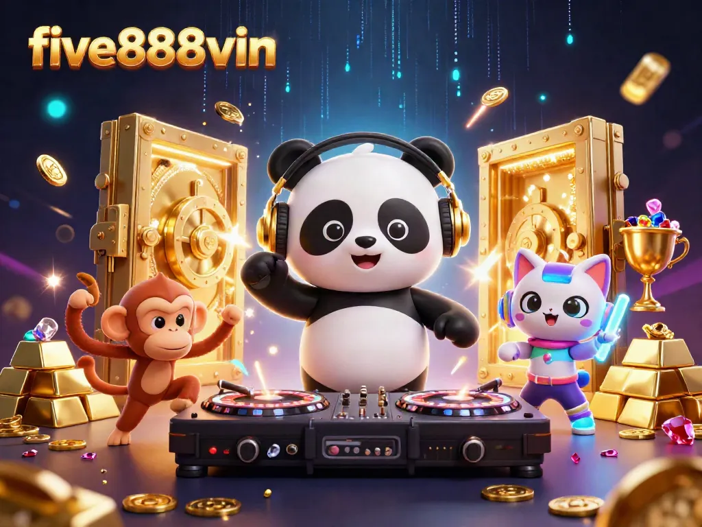 Experience the vibrant action at five888vin with a DJ panda and playful characters in a dazzling casino scene.