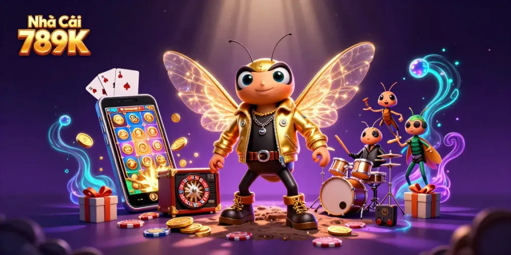 Engaging scene showcasing Nhà Cái 789K with 3D cartoon characters in a vibrant casino setting, featuring slots and casino elements.