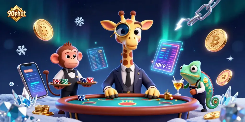 90phut giraffe high-roller plays poker with a monkey valet and chameleon bartender amidst crypto elements.