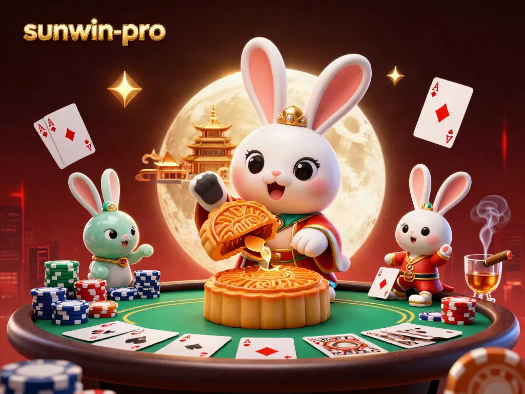 Engaging sunwin-pro illustration with a moon rabbit revealing poker chips, enhancing casino excitement.