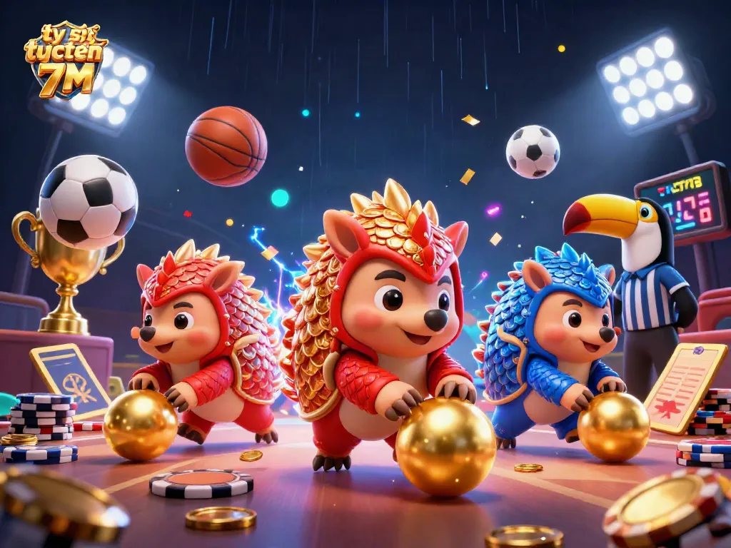 Follow the action with tỷ số trực tuyến 7M, featuring rival pangolins competing amidst vibrant gaming elements.