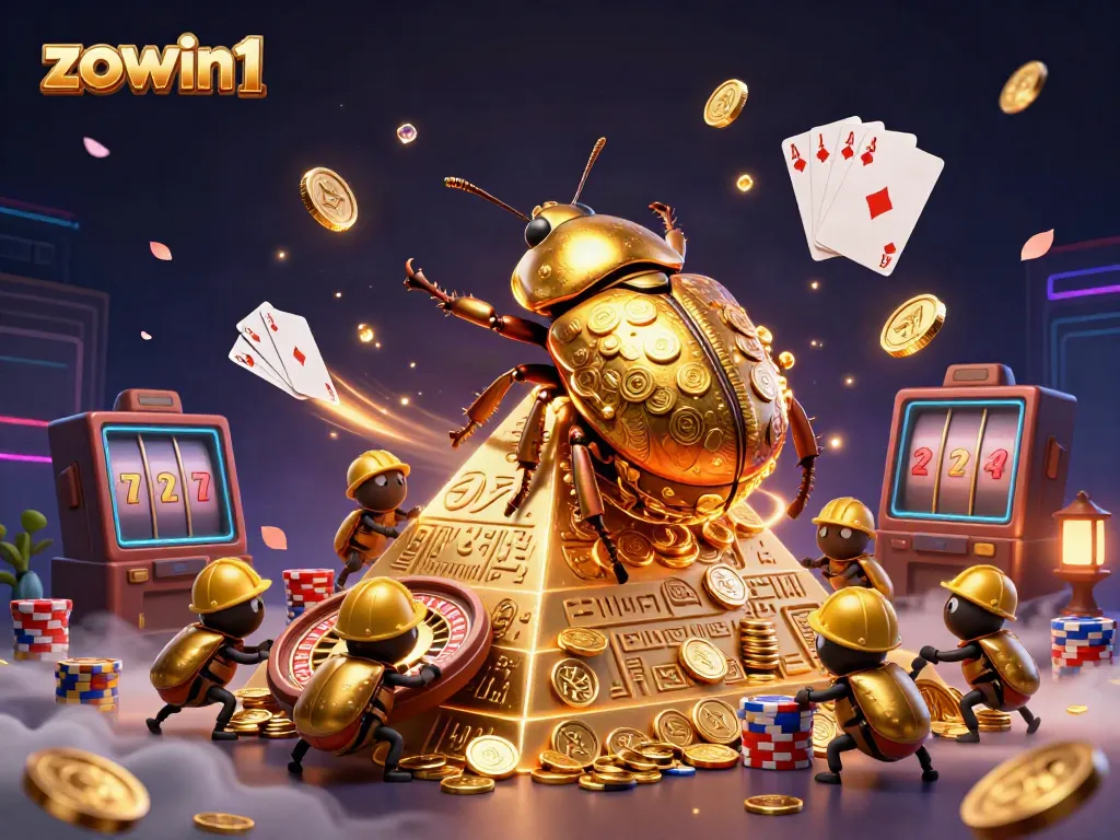 Experience the excitement of zowin1 as golden beetles roll coins up a pyramid amidst casino symbols.