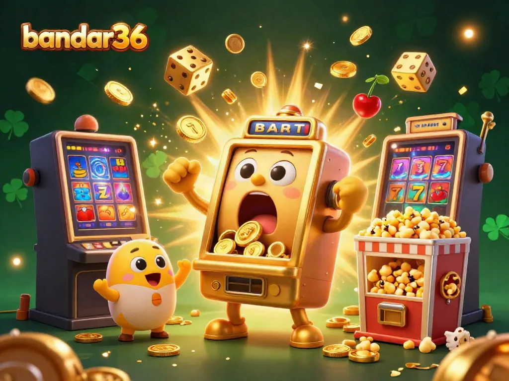 Permainan jackpot bandar36 di slot gacor dengan mesin slot emas yang terkejut, koin berhamburan, suasana ceria.