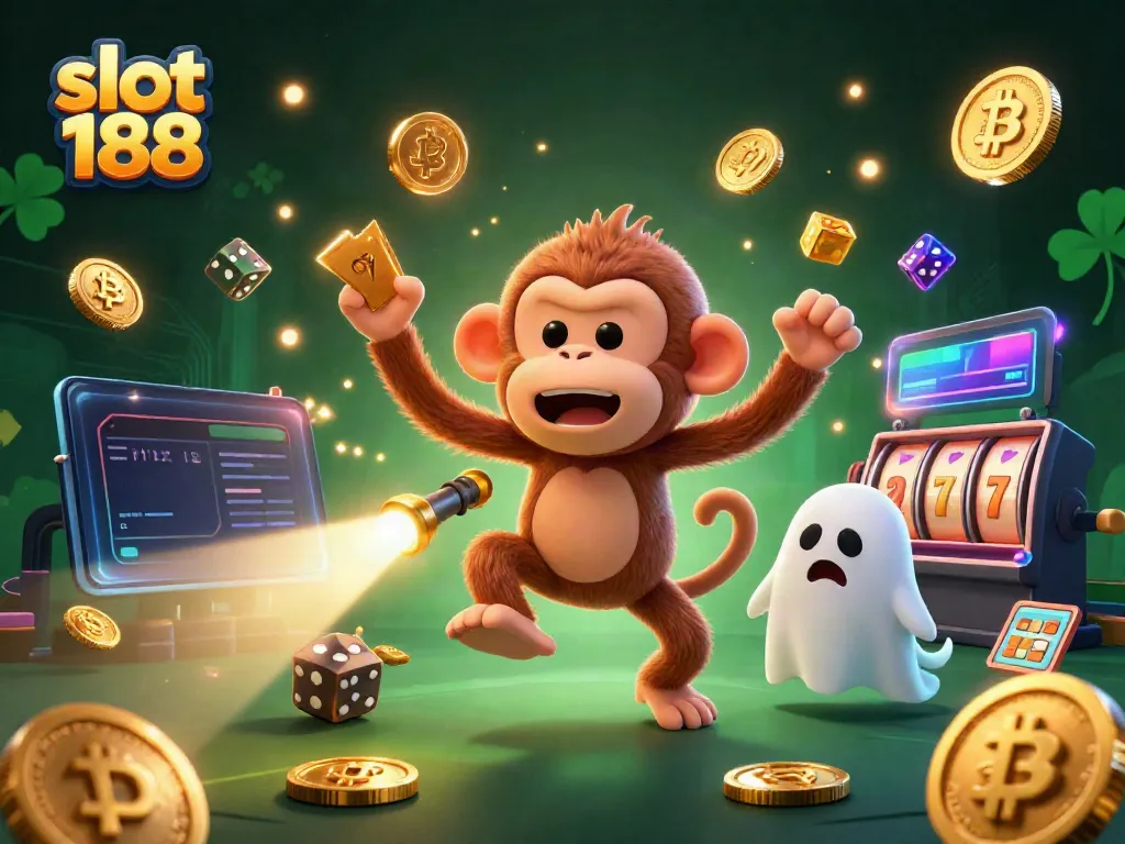 Aksi seru di slot 188 dengan karakter hantu dan anjing penangkap, dikelilingi koin emas.