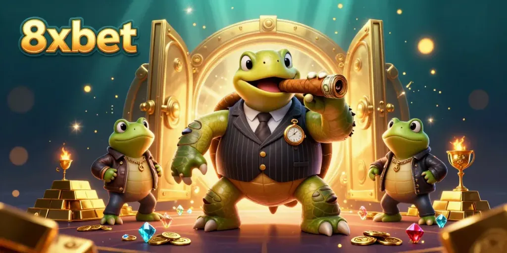 Bet on 8xbet with a massive snapping turtle mobster and bullfrog enforcers surrounded by treasures.