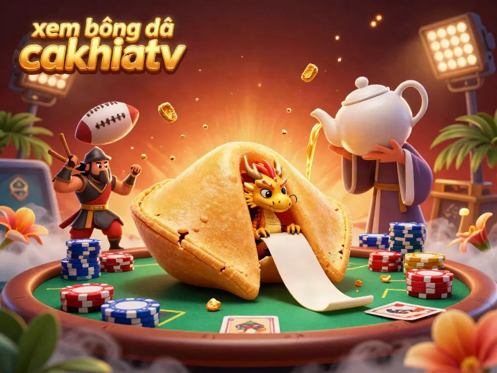 Experience xem bóng đá cakhiatv with a vibrant and detailed 3D scene featuring a fortune cookie and dynamic sports elements.