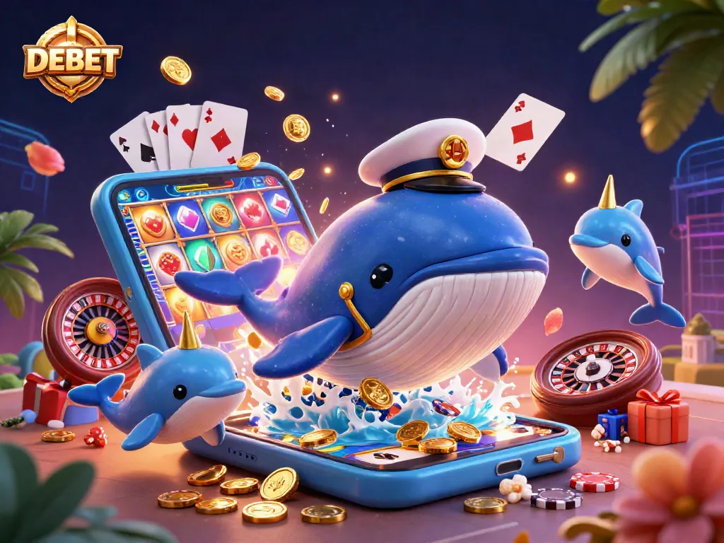 Engaging DEBET themed casino illustration featuring a whale and playful dolphins with gaming elements.