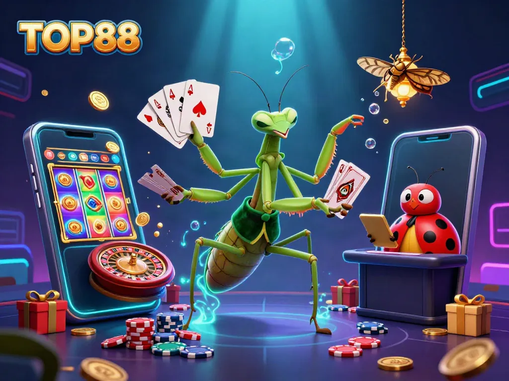 TOP88 casino scene with a praying mantis dealer and colorful slot elements for engaging gaming.