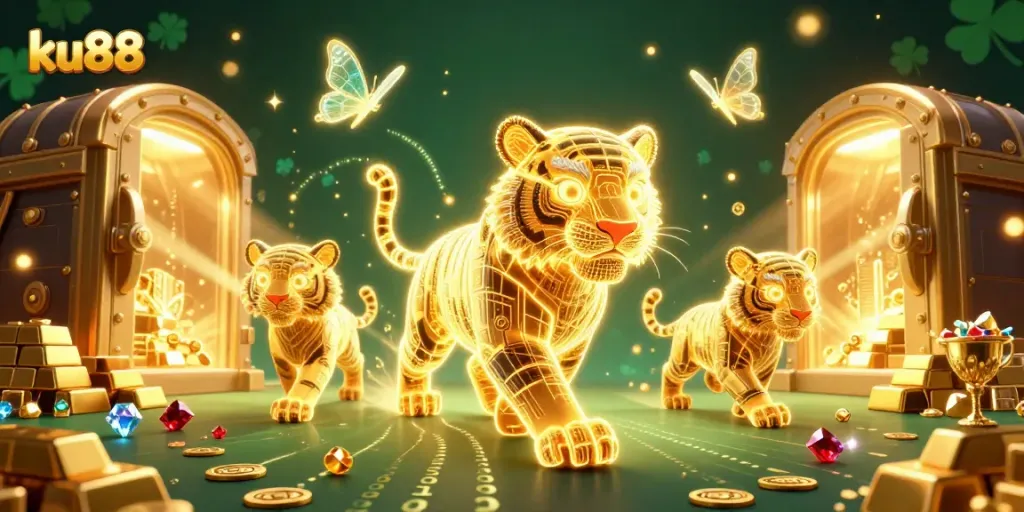 Experience thrilling gameplay at ku88 with a vibrant 3D digital casino scene featuring a golden tiger.