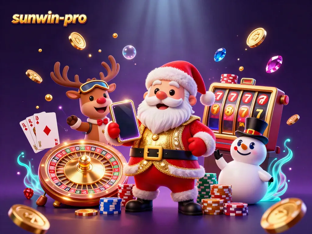 Play slots with sunwin-pro as Santa, reindeer, and snowman celebrate jackpots in a vibrant casino.