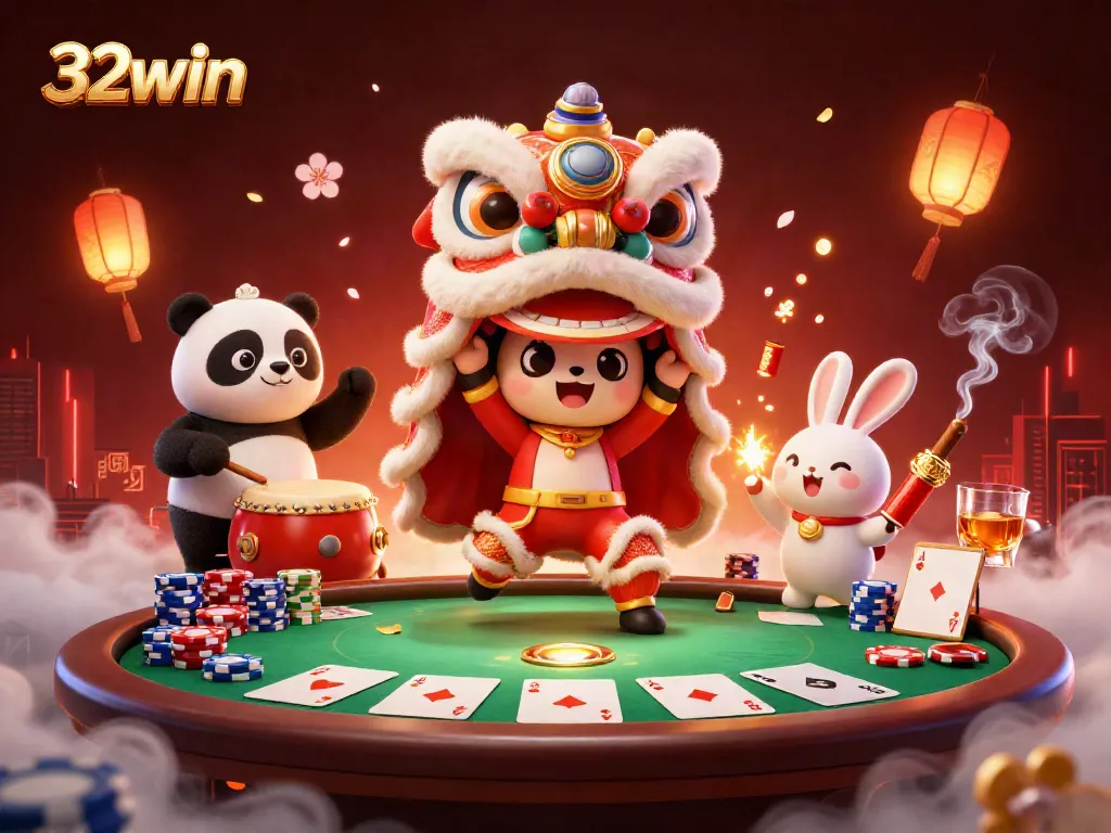 Engage in exciting poker action with 32win featuring vibrant characters in a dynamic casino scene.