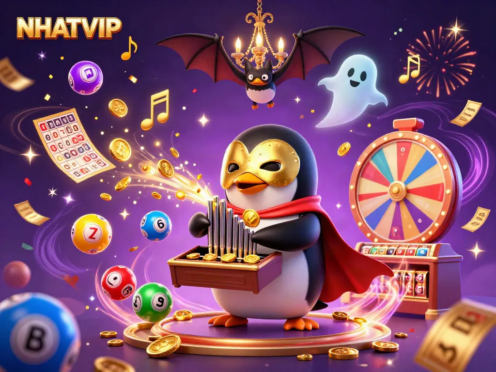 Engage with NHATVIP's vibrant 3D casino scene featuring a penguin playing an organ, surrounded by dynamic lottery elements.
