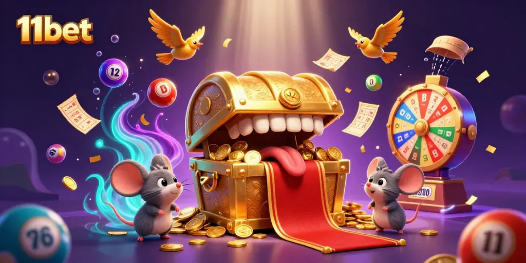 Experience winning strategies with 11bet in a vibrant, dynamic casino illustration filled with excitement.