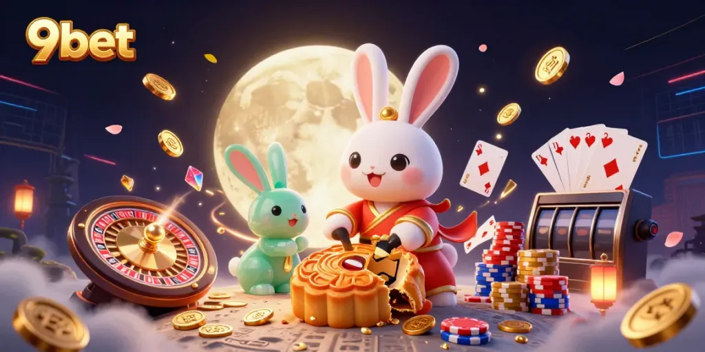 Experience thrilling online casino gaming with 9bet's vibrant 3D illustration, highlighting dynamic game elements.