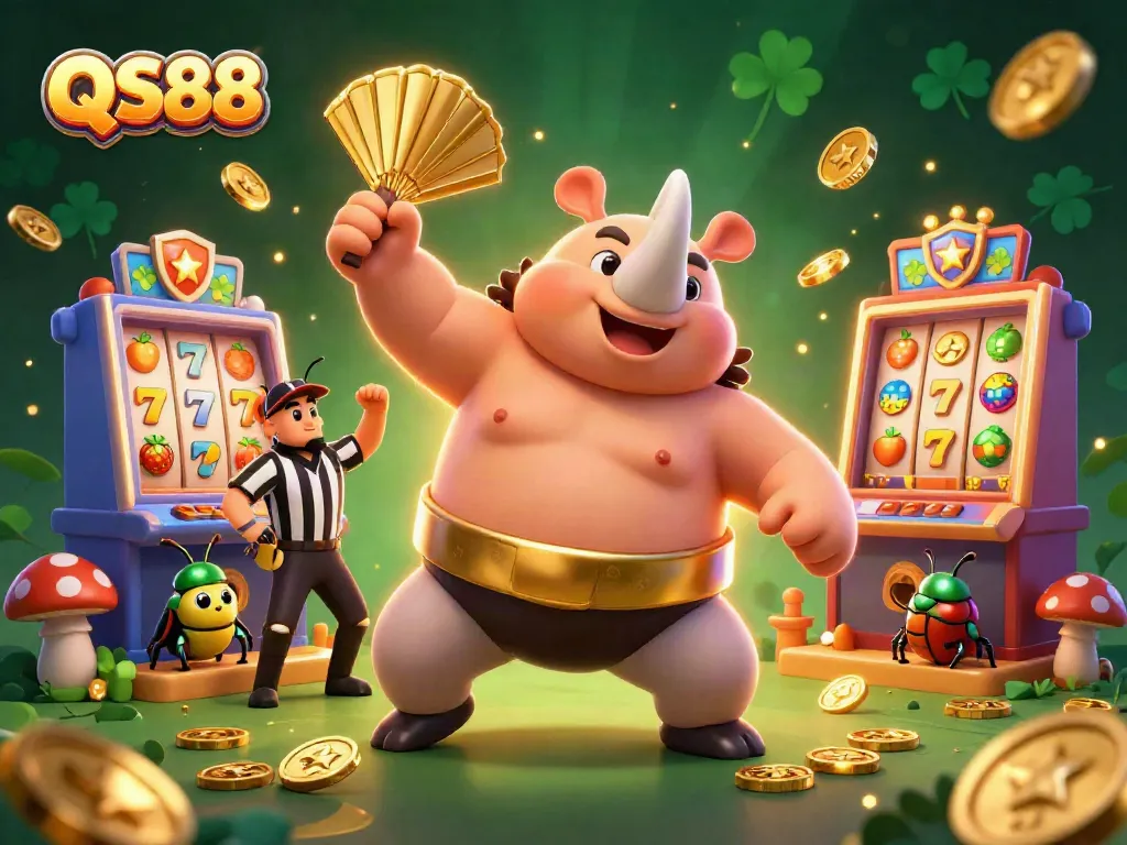Experience thrilling gameplay at QS88 with a stunning 3D illustration of a rhinoceros beetle champion amidst vibrant casino elements.